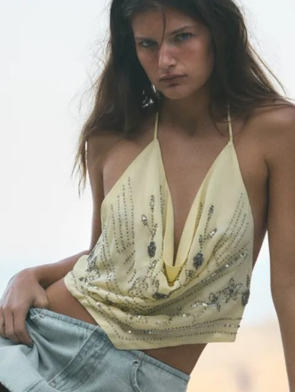 Zara Sleeveless Beaded Draped Halter Top in Pale Yellow